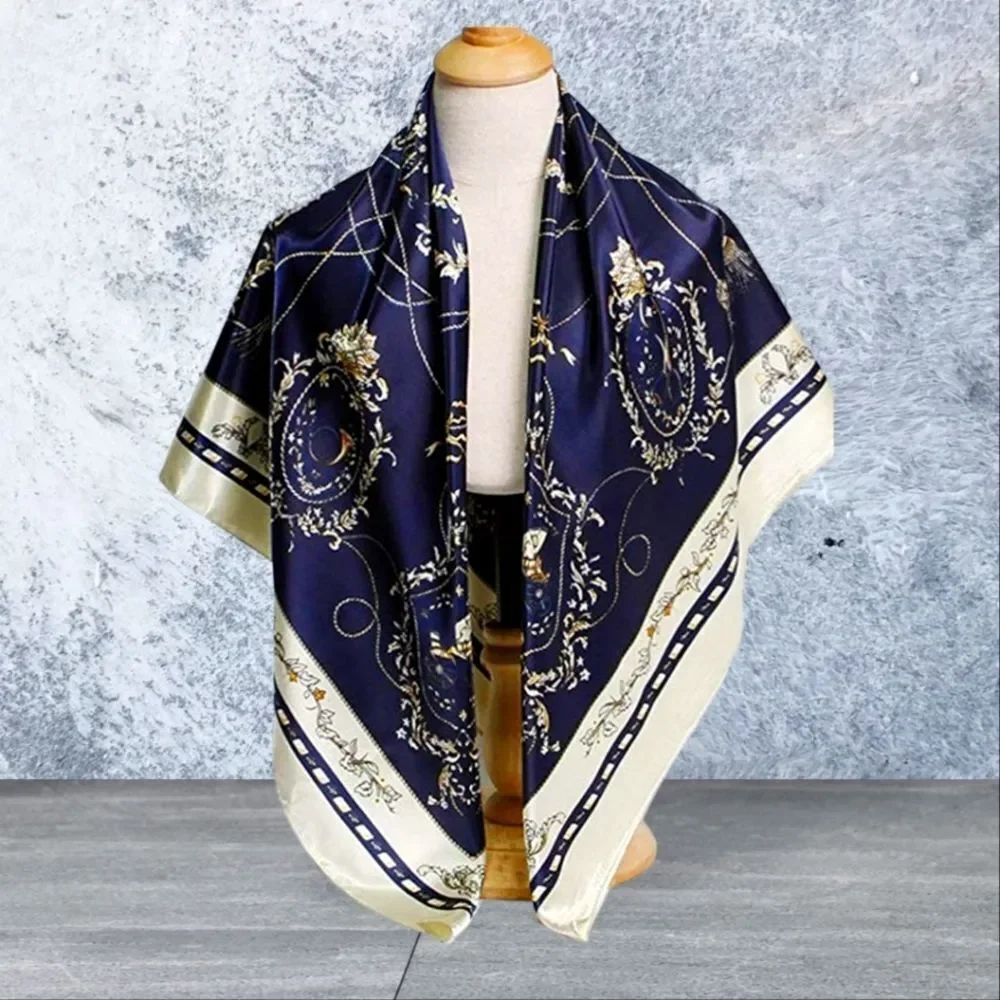 Scarf Headwraps for Women Silk Scarf Navy Satin Print 35 x 35